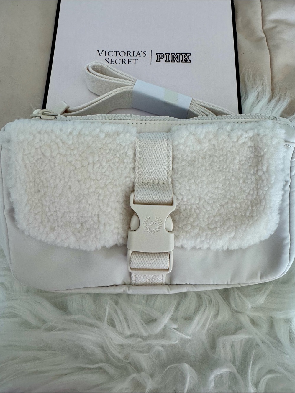 PINK Victoria's Secret Cream Sherpa Front Crossbody Bag